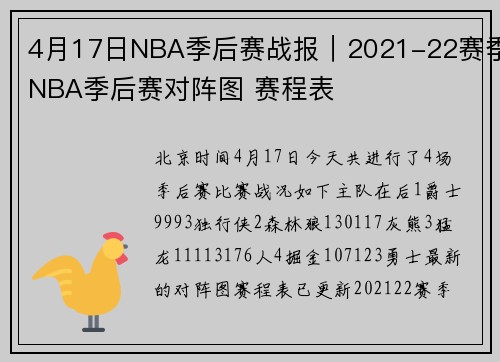 4月17日NBA季后赛战报｜2021-22赛季NBA季后赛对阵图 赛程表