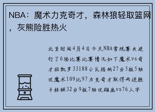 NBA：魔术力克奇才，森林狼轻取篮网，灰熊险胜热火
